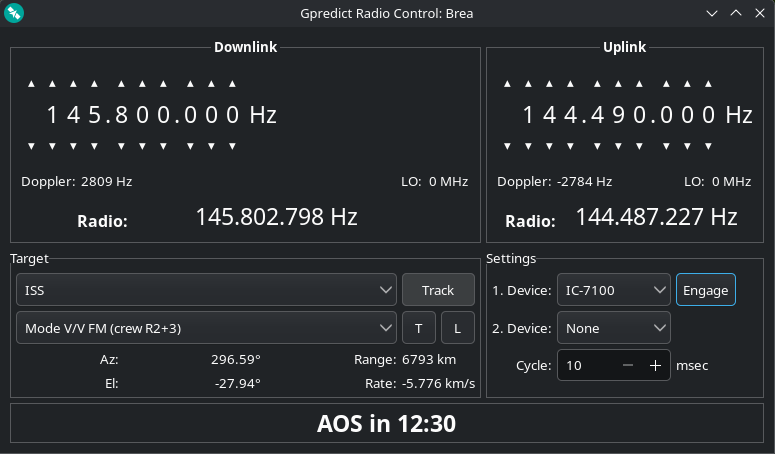 Gpredict Radio Control window tracking the ISS on the IC-7100, showing Doppler-corrected downlink and uplink frequencies with AOS in 12:30