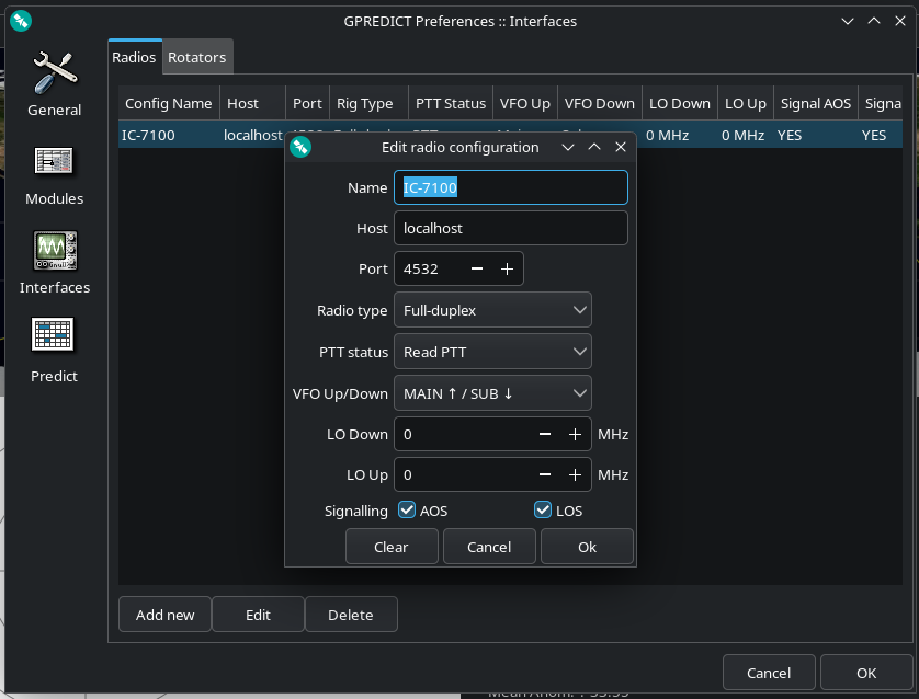 Gpredict radio interface preferences dialog for the IC-7100, configured with host localhost and port 4532